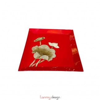 Red square lacquer tray hand-painted with lotus 30cm